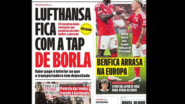 Benfica goleia na Europa, venda da TAP e protestos marcam a imprensa