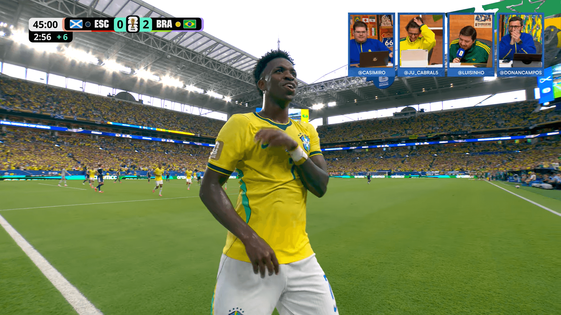 Vini Jr. marca de cabeça e amplia vantagem do Brasil contra Escócia